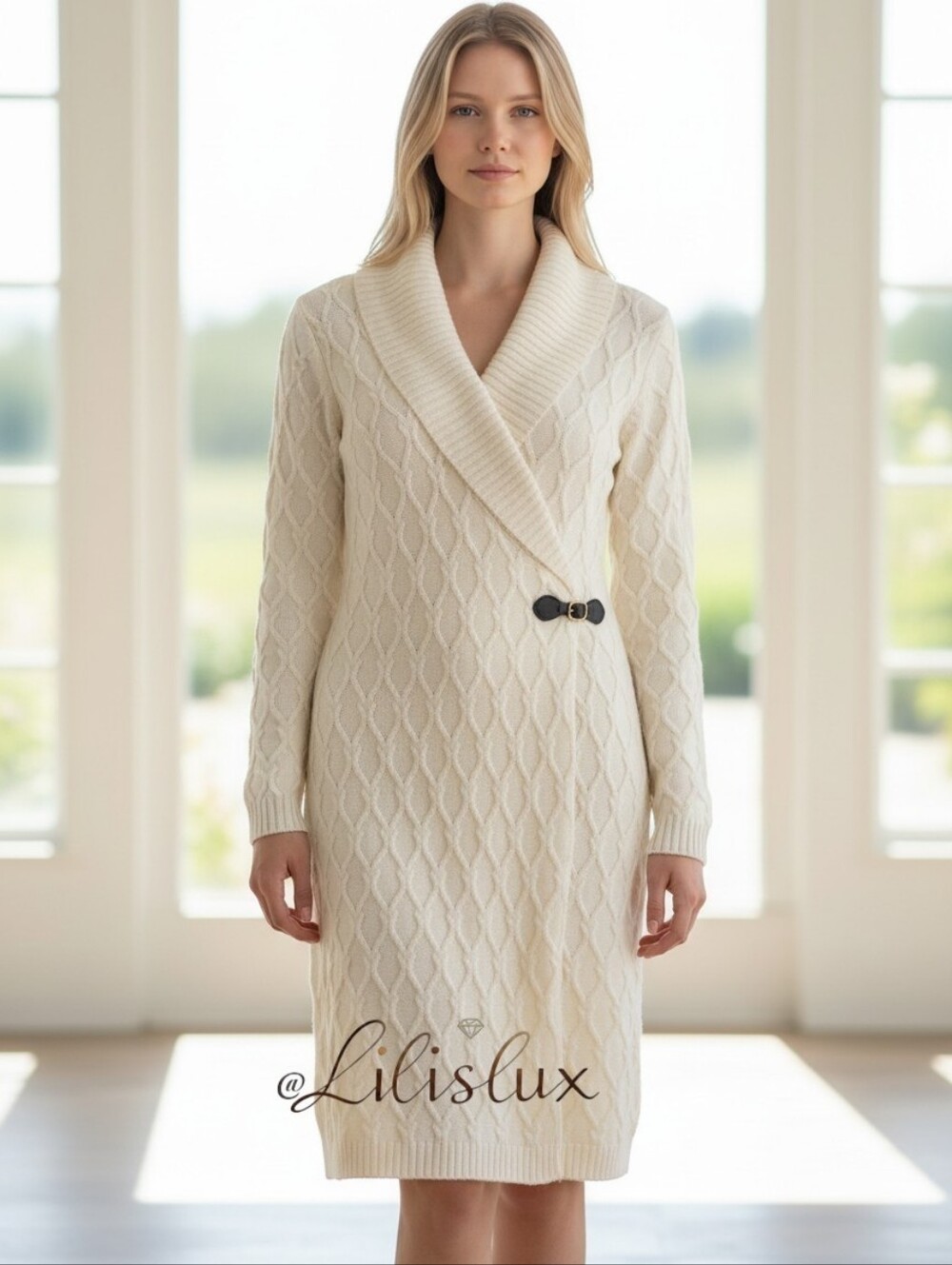 Calvin Klein Size M Ivory Cable Knit Faux Wrap Leather Buckle Sweater Dress EUC - Picture 6 of 16
